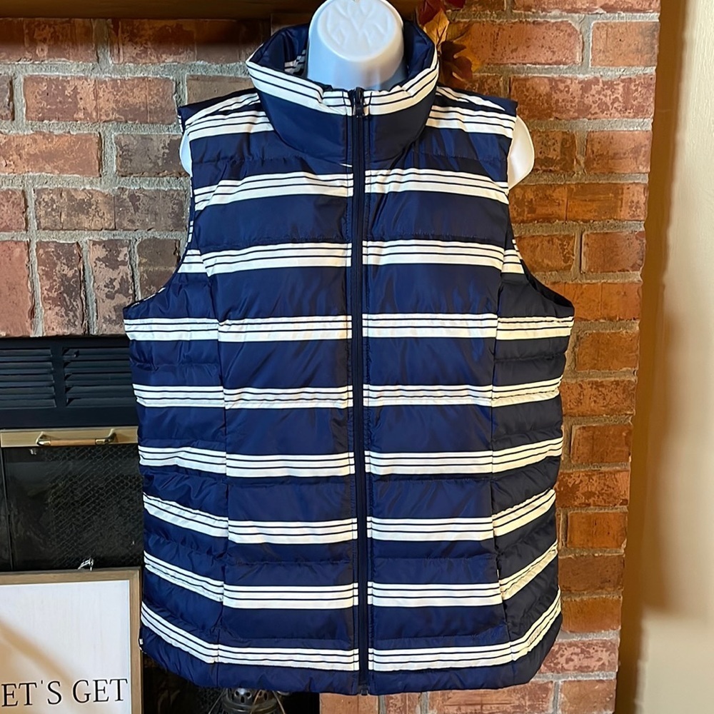Lands' End Blue & White Striped Puffer Vest Tall Fit